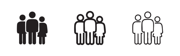 Set of three group of people icons in solid, outline, and hand-drawn styles, symbolizing team, community, or networking. © liubomir118809