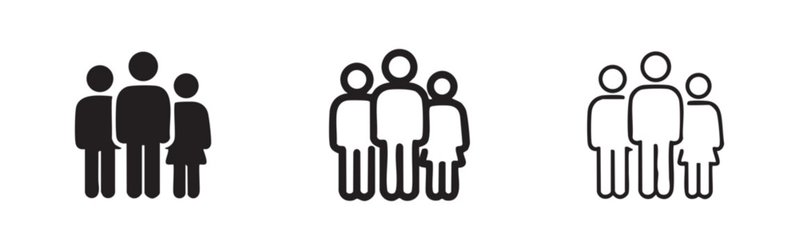 Set of three group of people icons in solid, outline, and hand-drawn styles, symbolizing team, community, or networking.