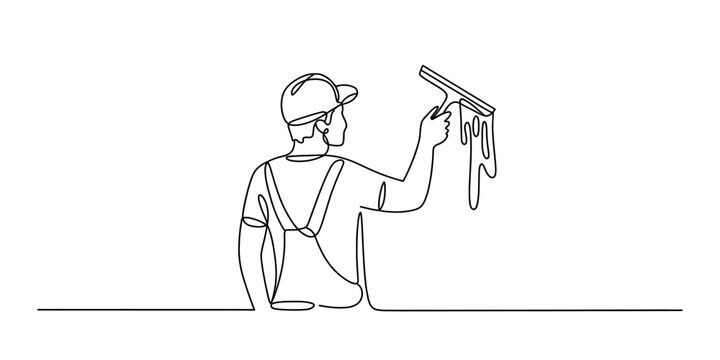 Continuous single line drawing of a professional window cleaner man wearing a uniform cap holding a squeegee tool for washing glass surfaces Vector, illustration