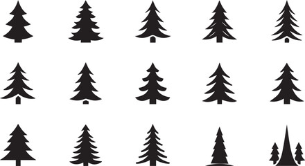 Obraz premium Evergreen Pine Symbols Forest Nature Tree Icon Set Silhouette Vector Illustration