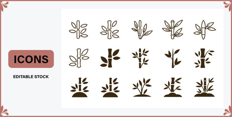Collection of various simplified bamboo stalk and leaf illustrations presented as icons on a white background with decorative borders © Badsha Mollik