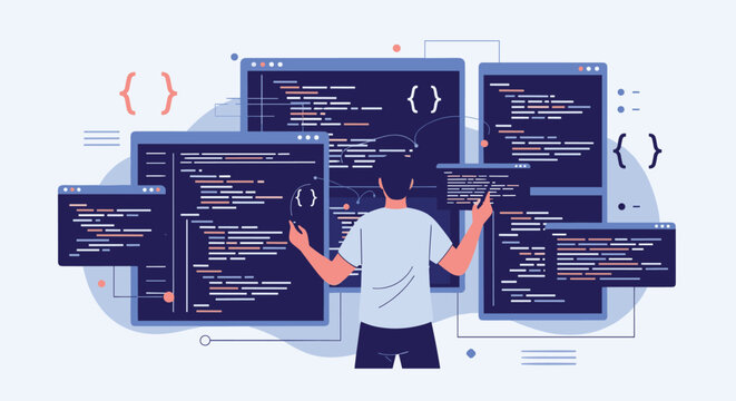 Software developer working on multiple monitors with various programming languages and code snippets in a modern workspace.