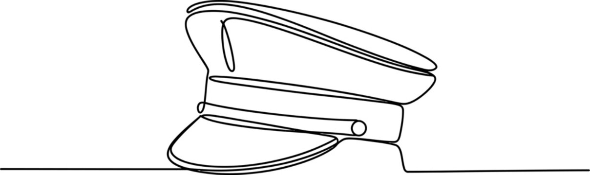 Continuous single line drawing of a military officer peaked cap hat for navy or air force personnel fashion accessory design element Vector, illustration