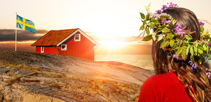 Frau mit Blumenkranz zu Mittsommer in Schweden
