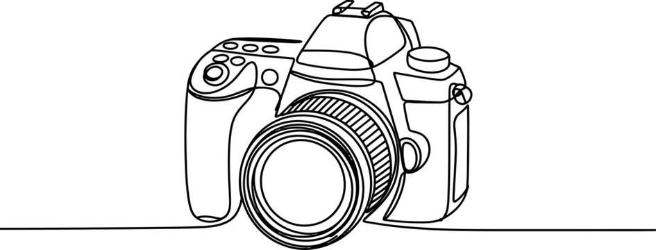 Continuous single line drawing of a professional digital camera with lens for photography hobbyists and creative professional photographers Vector, illustration