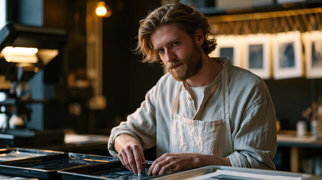 Darkroom technician carefully agitating film canisters in chemical developing trays inside photography studio on World Photography Day, enlarger and drying lines with hanging prints visible, amber s