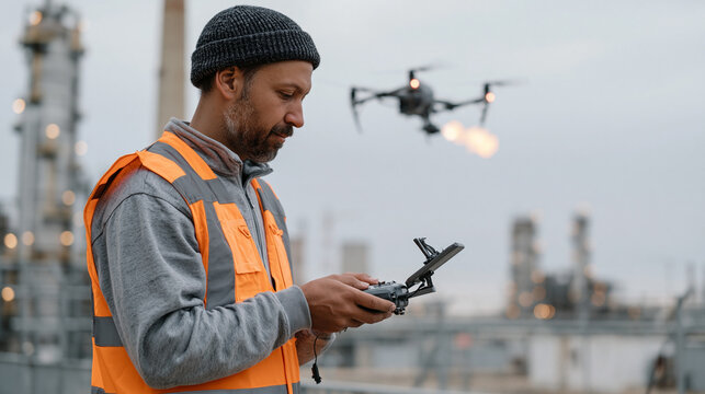 Certified drone operator wearing high-visibility vest piloting industrial inspection UAV above active refinery flare stack, monitoring live thermal feed on ground station display, perimeter fence an