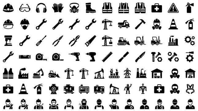 Industrial and construction solid icon set featuring safety engineering tools equipment and worker symbols collection