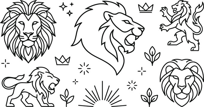 Lion heraldry and logo line icon set with wild animal roaring profile head crown shield crest vector elements
