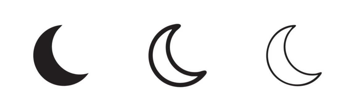 Set of three crescent moon icons in black and white, solid, outline, and filled outline styles.