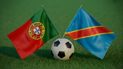 Naklejka premium Portugal and Democratic Republic of Congo flags with soccer ball on green grass field