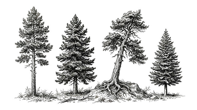 Vintage botanical illustration of four coniferous trees