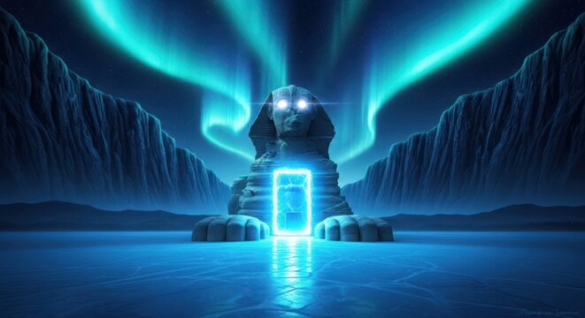 Mystical sphinx silhouette under northern lights and neon portal
