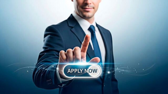 A businessman pressing the apply now button for the concept of recruitment and human resources.