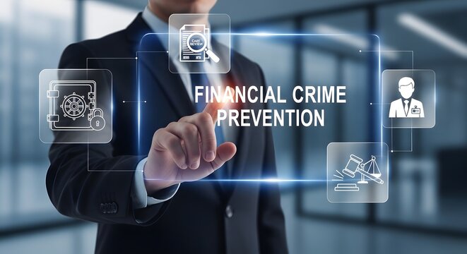 Financial crime prevention technology with a businessman touching a digital screen for the concept of security and digital risk.