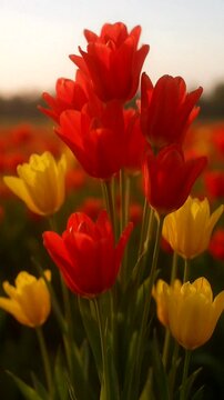 Red and yellow tulips blooming in a field, illuminated by warm sunset light and soft background.