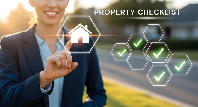 A person is using a digital interface to check off items on a property checklist, symbolizing real estate transactions and management.