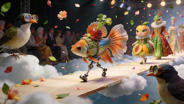 A whimsical fantasy fashion show featuring a goldfish with mechanical legs and a peach character walking on a cloud runway, observed by birds.
