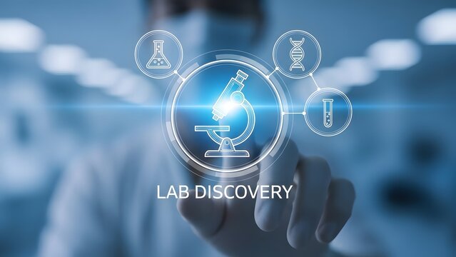 A person touching a glowing icon of a microscope, symbolizing scientific research and discovery.