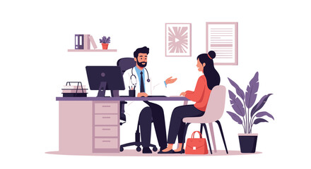 Fototapeta premium Male doctor sitting at his desk and talking to a female patient during a medical consultation in a modern office.