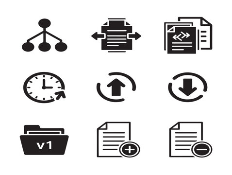 Version control icons set, solid black line art, nobody