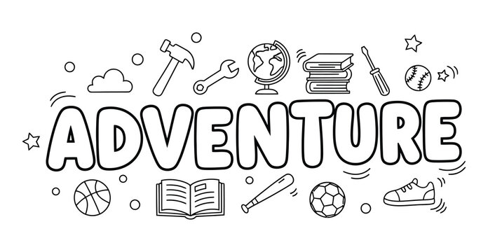 Adventure themed educational objects and sports equipment coloring page vector illustration design