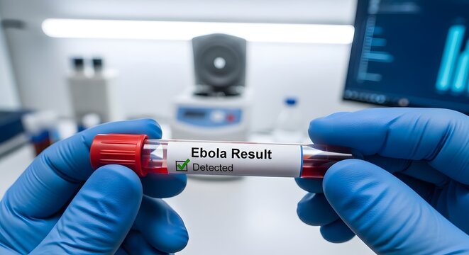 A medical researcher holding a test tube showing an Ebola result detected in a laboratory, symbolizing disease detection and scientific research.
