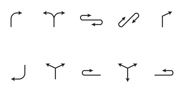 Black thin line curved arrow icons featuring complex directional paths splits loops and alternative route symbols.