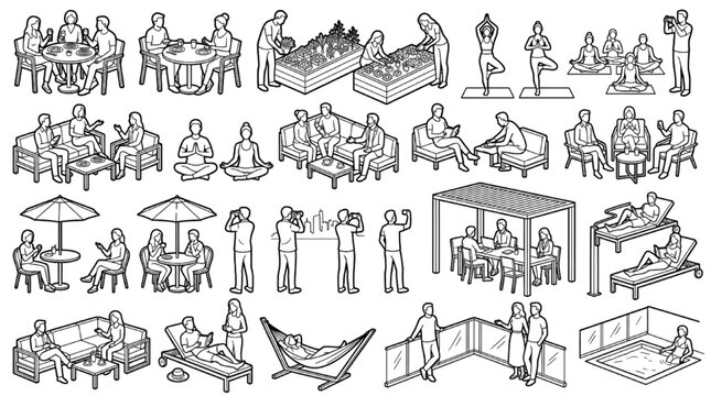 Architectural Human Activity CAD Block Collection With Outdoor Seating, Yoga, Gardening and Lounge Figures
