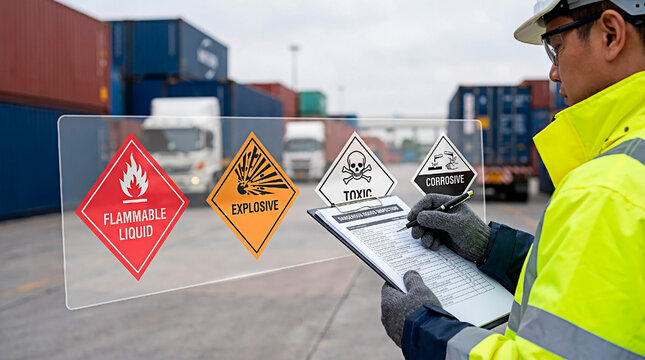 A port worker checking hazardous material signs in a shipping container yard for the concept of logistics and safety.