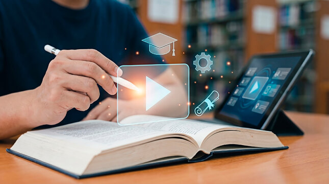 Online learning and e-learning concept, person studying and watching video on tablet with open book and graduation cap icon, representing digital education and remote study.
