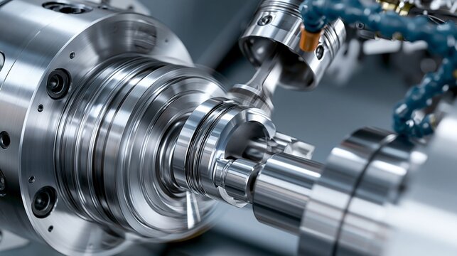Twinspindle CNC machining process focused on simultaneous milling and turning of automotive pistons highlighting synchronized operations and highefficiency manufacturing