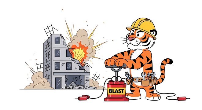 Animated tiger in a hard hat sets off explosives causing a building to implode amid dust and flames. A tool belt is visible