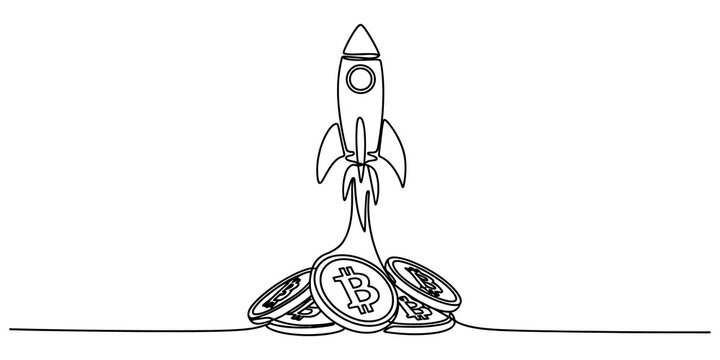 Continuous line drawing, cryptocurrency rocket launch, bitcoin coins blast off, financial growth concept