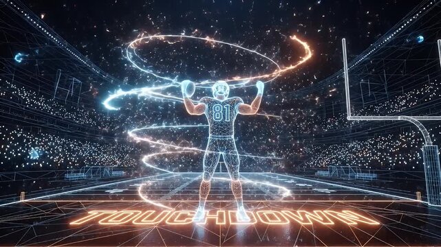 Futuristic Wireframe Football Touchdown Celebration - A futuristic wireframe football player, number 81, celebrates a touchdown on a dark, digital stadium field.