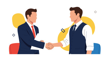 Fototapeta premium Two professional businessmen in formal attire shaking hands to seal a deal or agreement in a corporate office setting.