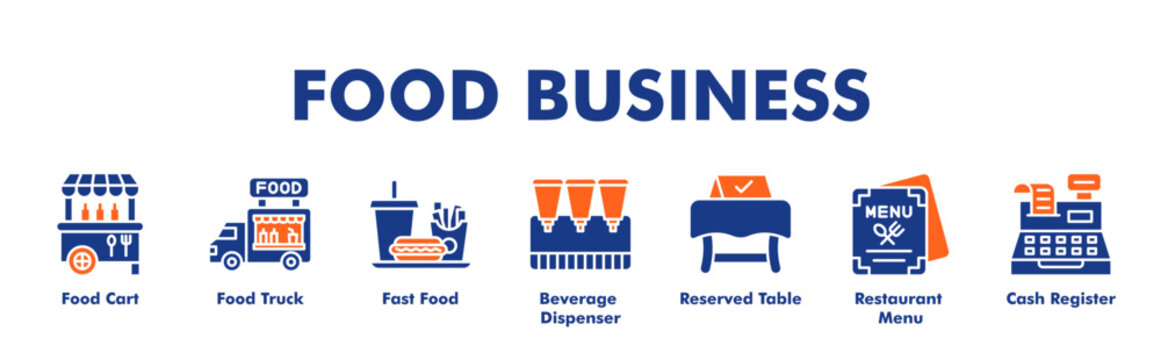 FOOD BUSINESS web banner icon vector illustration concept for business with icon of ood Cart, Food Truck, Fast Food, Beverage Dispenser, Reserved Table, Restaurant Menu, Cash Register