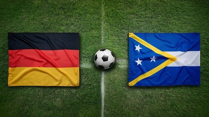 Fototapeta premium Germany and Solomon Islands flags on a soccer field with a football, representing a match