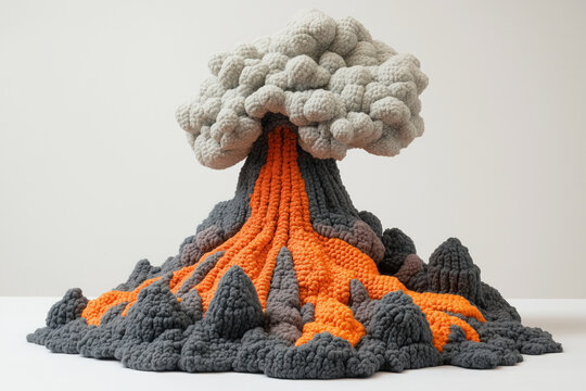 crocheted amigurumi volcano erruption with pouring lava and ash cloud made of knitted wool fabric yarn, white background, crochet, handcrafted fabric toy, photorealistic