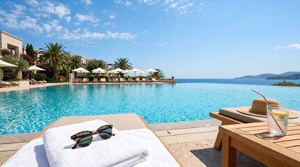 Fototapeta premium Luxury poolside relaxation with sunglasses and drink in summer 