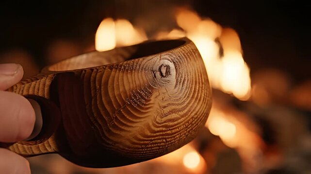 Closeup of a wooden cup held in front of a warm campfire.