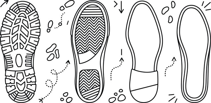 Shoe sole print line icon set with boot sneaker classic dress footwear step tracks path navigation route vector