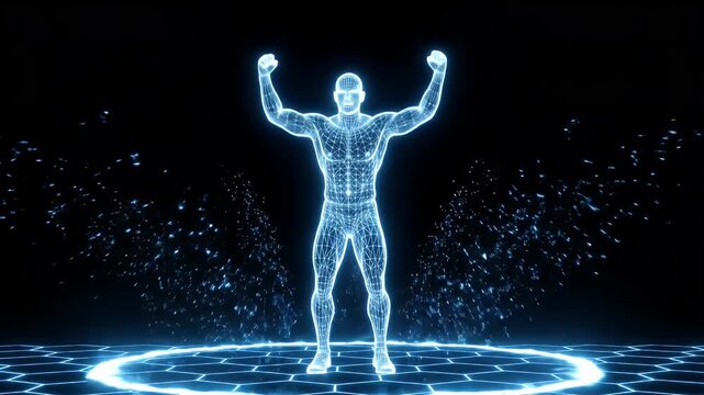 Glowing Wireframe Athlete Celebrating Victory - A glowing blue wireframe silhouette of an athlete stands on a hexagonal grid, flexing its arms in a pose of celebration.