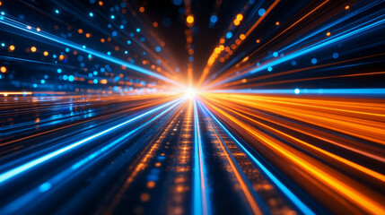 Fototapeta premium Dynamic light trails in blue and orange hues converge toward a bright central horizon, symbolizing high-speed data transmission and futuristic fiber optic technology in a digital space.