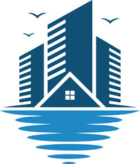 Obraz premium Modern abstract logo design featuring stylized blue buildings reflecting in stylized blue water with birds flying overhead
