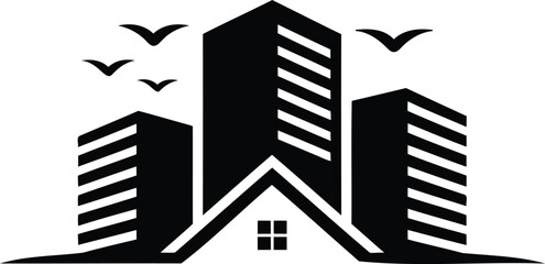 Fototapeta premium Stylized modern city skyline with geometric buildings and flying birds representing urban life and freedom