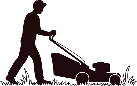 Silhouette of a person wearing a baseball cap mowing the lawn with a push mower amidst grass blades isolated on transparent background