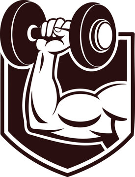 Strong muscular arm lifting a heavy dumbbell weight inside a shield emblem representing fitness and strength training