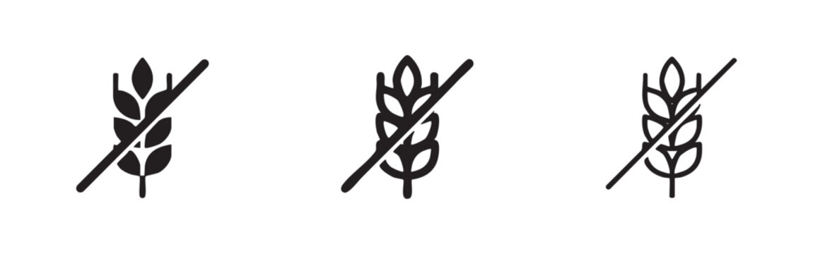 Gluten free symbol with wheat ear icon set, hand drawn doodle sketch vector