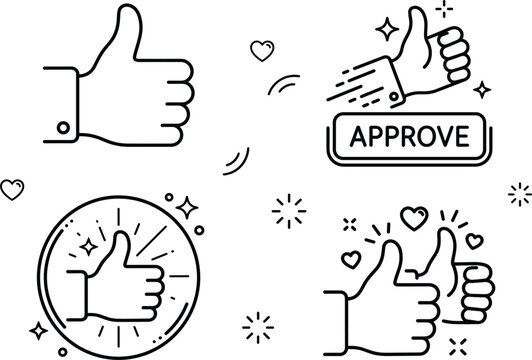 Thumbs up line icon set with positive approval feedback validation rating like success button agreement check and satisfaction